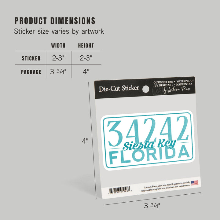 Siesta Key, Florida, Local Zip Code, Contour, Vinyl Sticker Sticker Lantern Press 