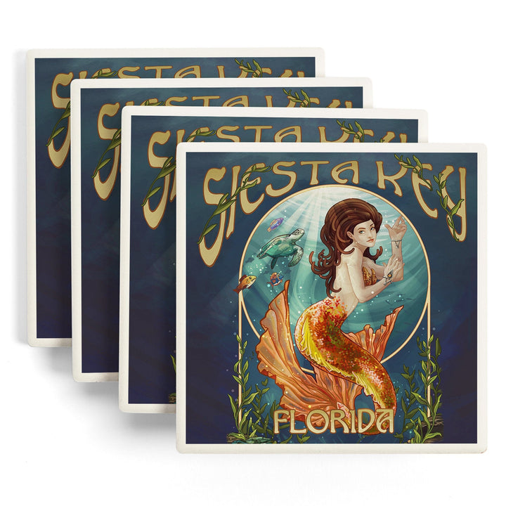 Siesta Key, Florida, Mermaid, Lantern Press Artwork, Coaster Set Coasters Lantern Press 