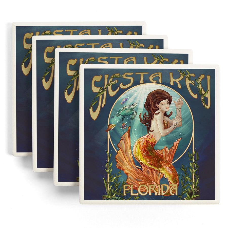 Siesta Key, Florida, Mermaid, Lantern Press Artwork, Coaster Set Coasters Lantern Press 