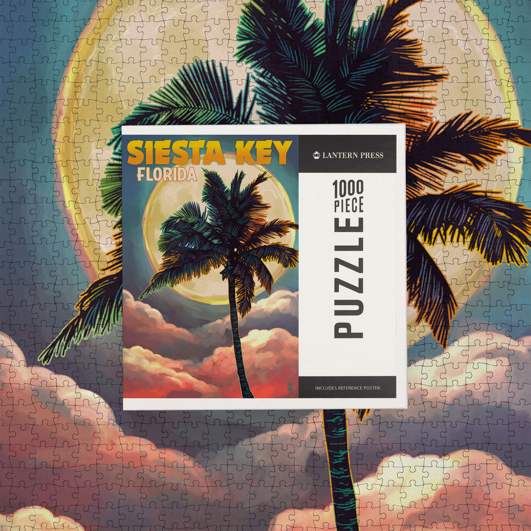 Siesta Key, Florida, Palm and Moon, Jigsaw Puzzle Puzzle Lantern Press 