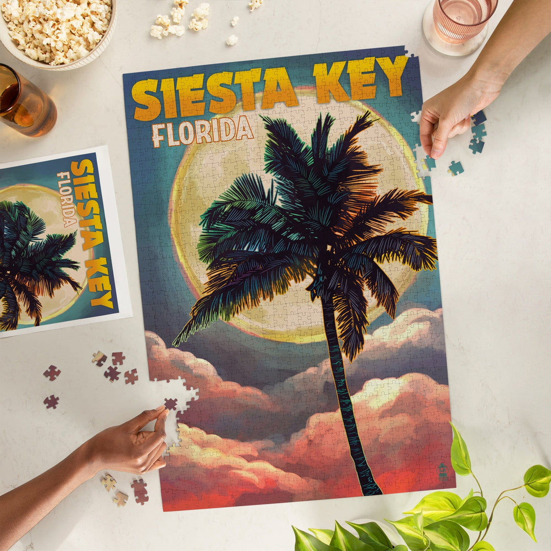Siesta Key, Florida, Palm and Moon, Jigsaw Puzzle Puzzle Lantern Press 