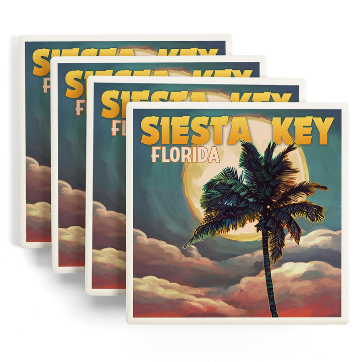 Siesta Key, Florida, Palm and Moon, Lantern Press Artwork, Coaster Set Coasters Lantern Press 