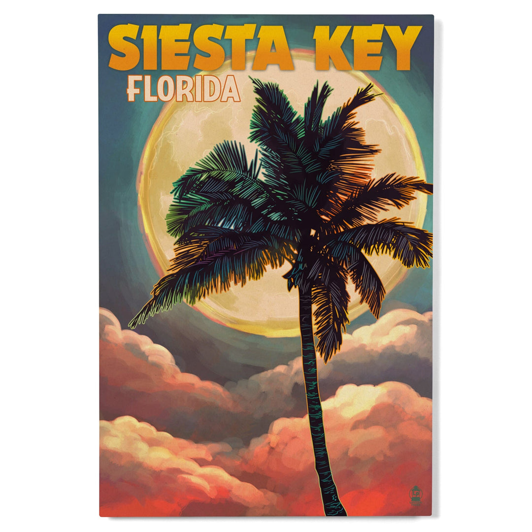 Siesta Key, Florida, Palm and Moon, Lantern Press Artwork, Wood Signs and Postcards Wood Lantern Press 