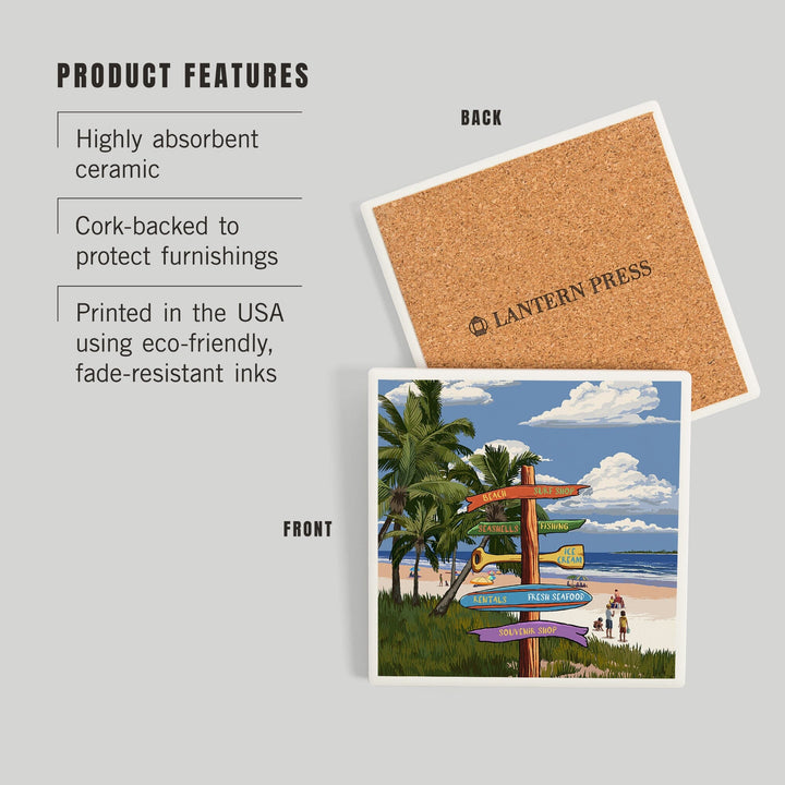 Signpost, Coast Beach with Palms,, Coasters Coasters Lantern Press 
