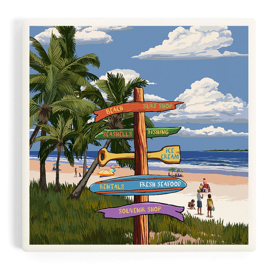 Signpost, Coast Beach with Palms,, Coasters Coasters Lantern Press 