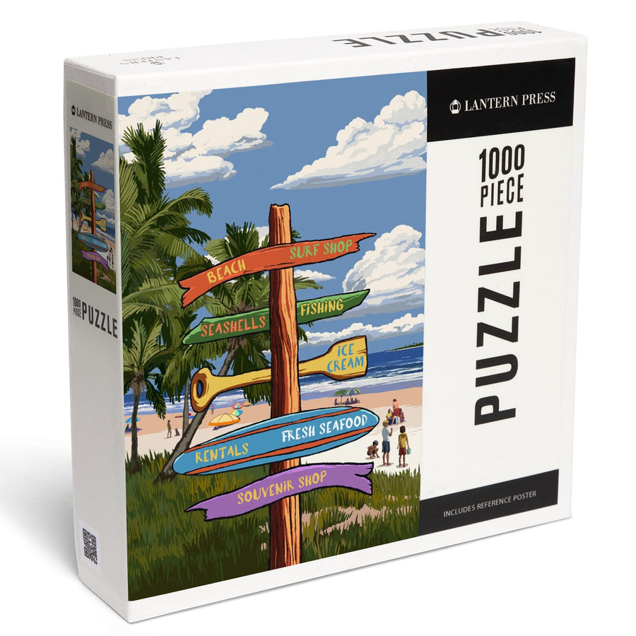 Signpost, Coast Beach with Palms,, Jigsaw Puzzle Puzzle Lantern Press 