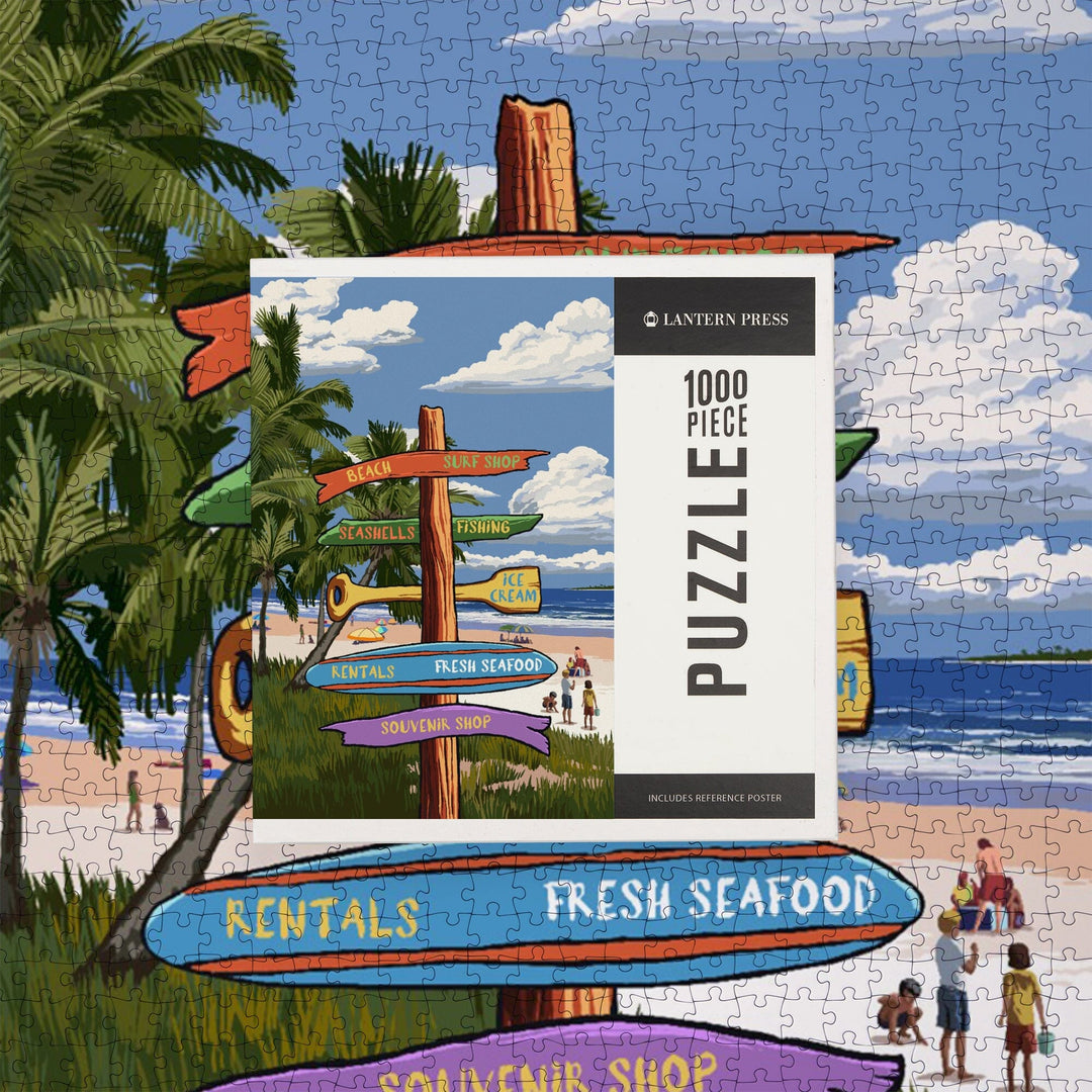 Signpost, Coast Beach with Palms,, Jigsaw Puzzle Puzzle Lantern Press 