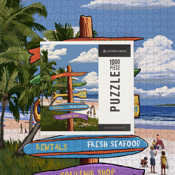 Signpost, Coast Beach with Palms,, Jigsaw Puzzle Puzzle Lantern Press 