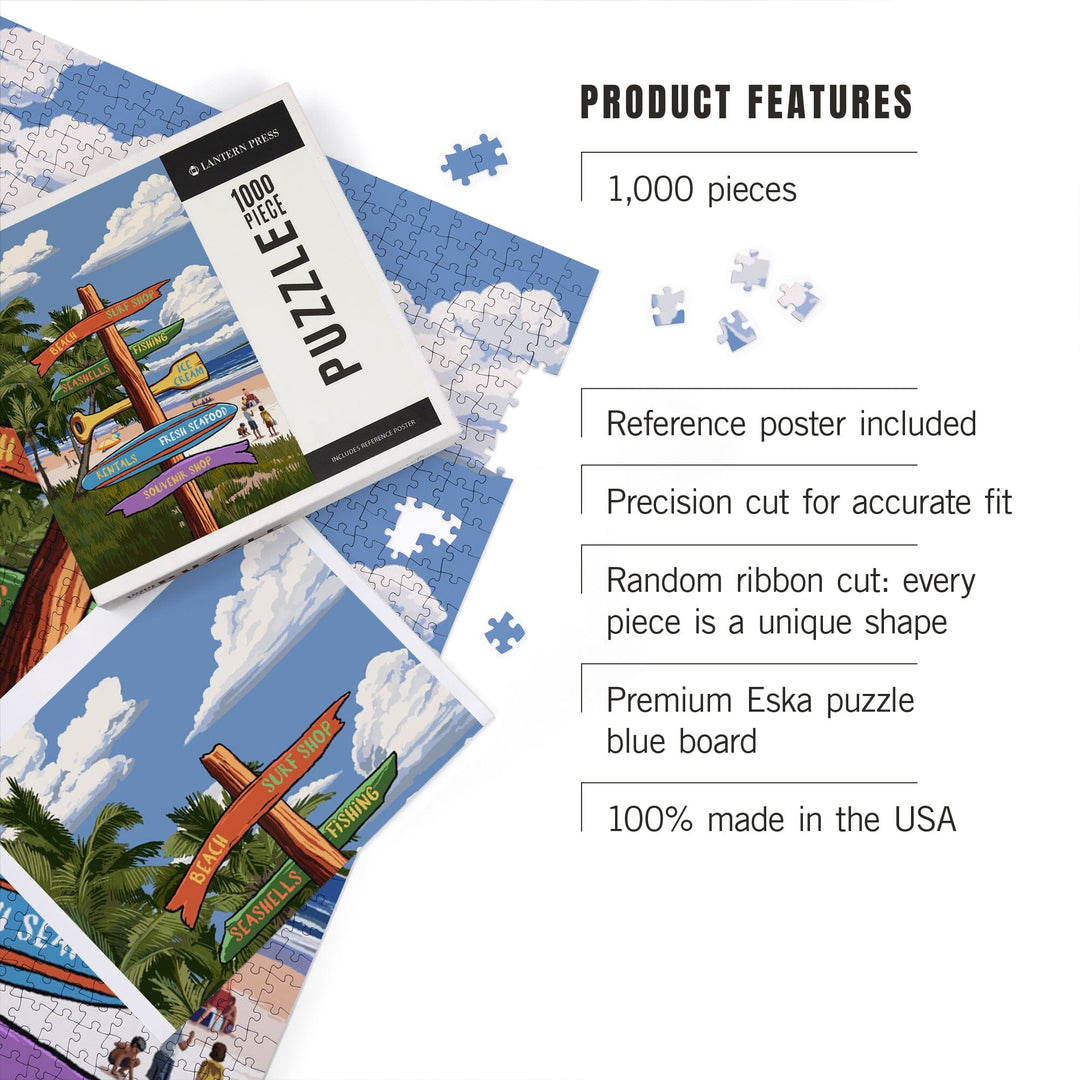 Signpost, Coast Beach with Palms,, Jigsaw Puzzle Puzzle Lantern Press 