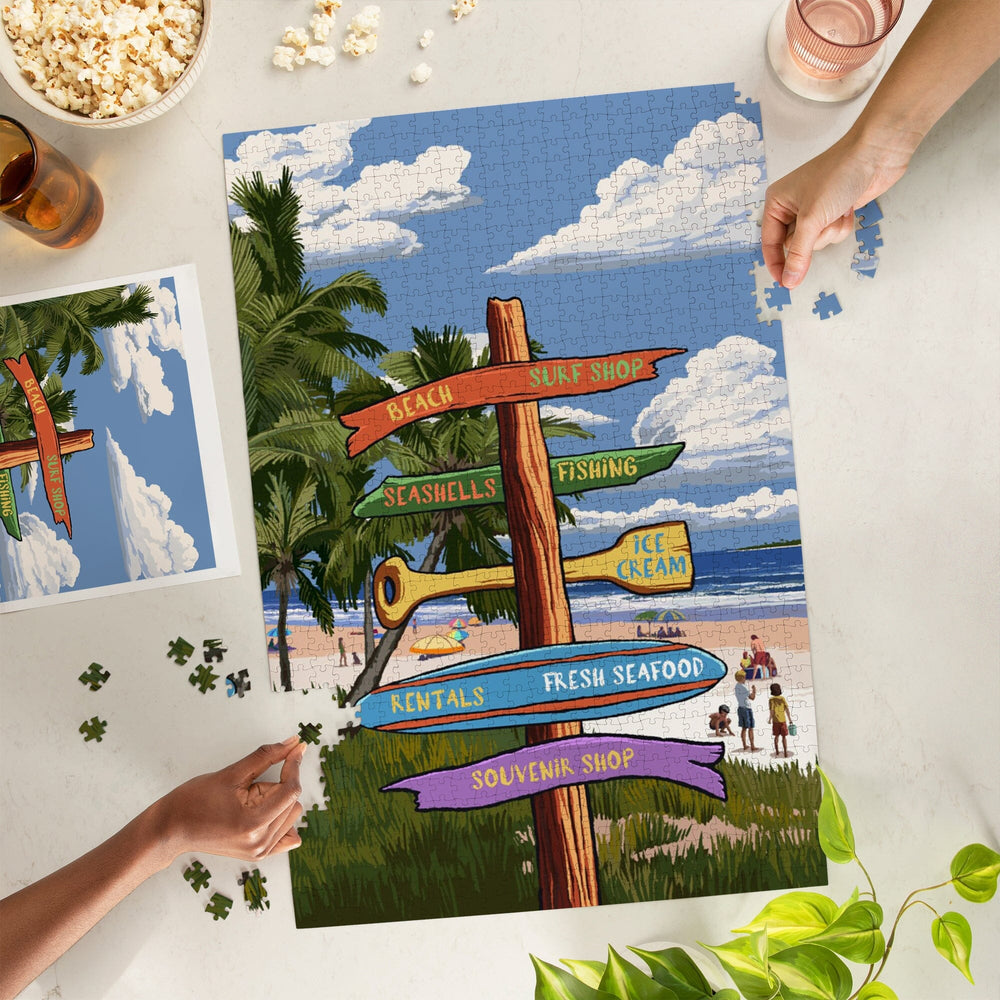 Signpost, Coast Beach with Palms,, Jigsaw Puzzle Puzzle Lantern Press 