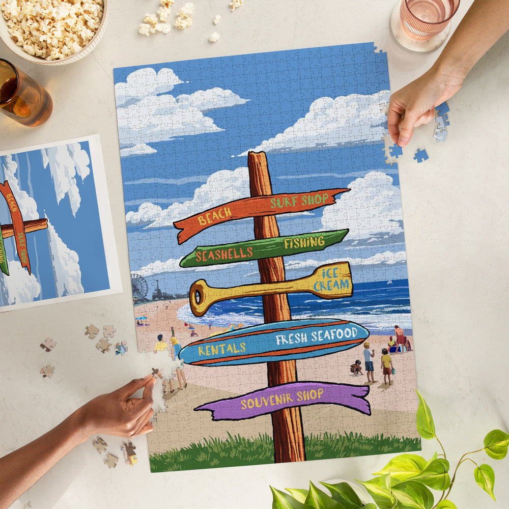 Signpost, Coast Beach with Pier,, Jigsaw Puzzle Puzzle Lantern Press 