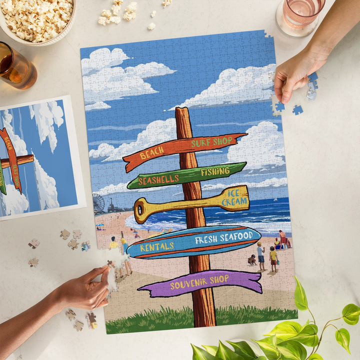 Signpost, Coast Beach with Pier,, Jigsaw Puzzle Puzzle Lantern Press 