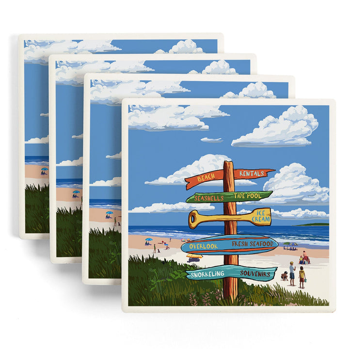 Signpost, Coast Beach with Umbrellas,, Coasters Coasters Lantern Press 