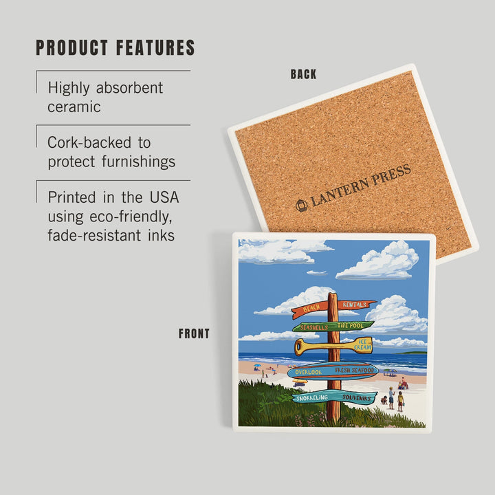 Signpost, Coast Beach with Umbrellas,, Coasters Coasters Lantern Press 