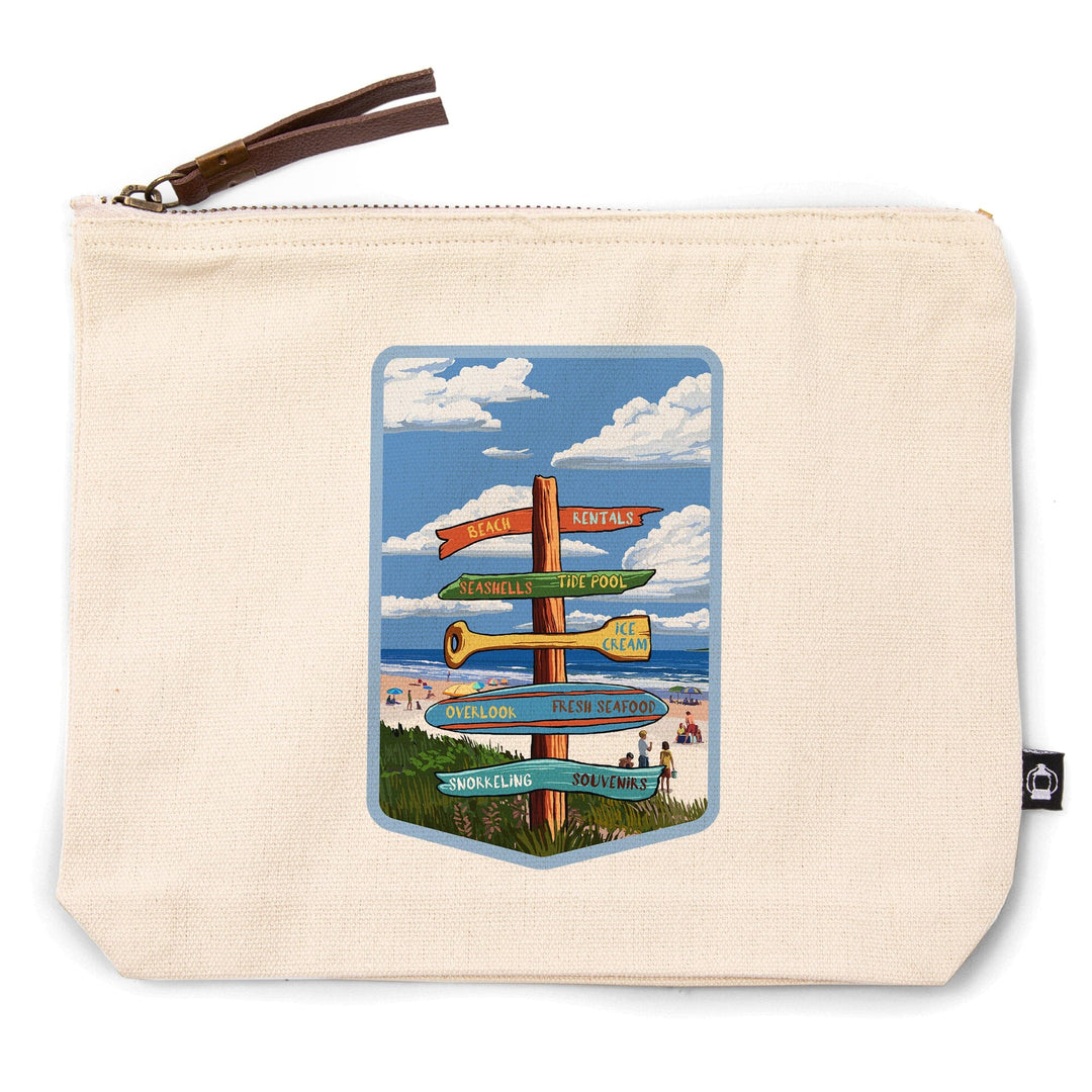 Signpost, Coast Beach with Umbrellas,, Organic Cotton Zipper Pouch, Go Bag Totes Lantern Press 