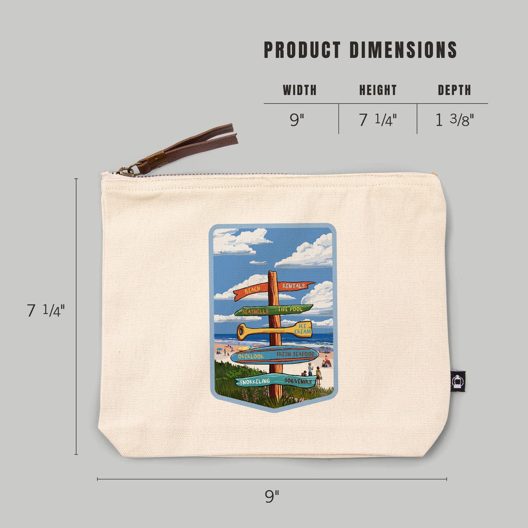 Signpost, Coast Beach with Umbrellas,, Organic Cotton Zipper Pouch, Go Bag Totes Lantern Press 