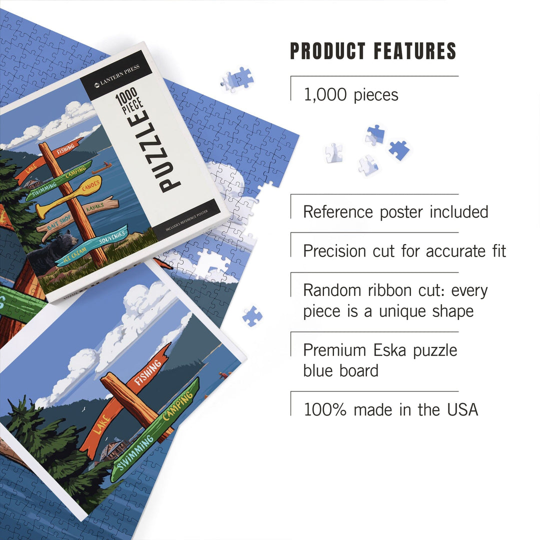 Signpost, Lake and Bear, Jigsaw Puzzle Puzzle Lantern Press 