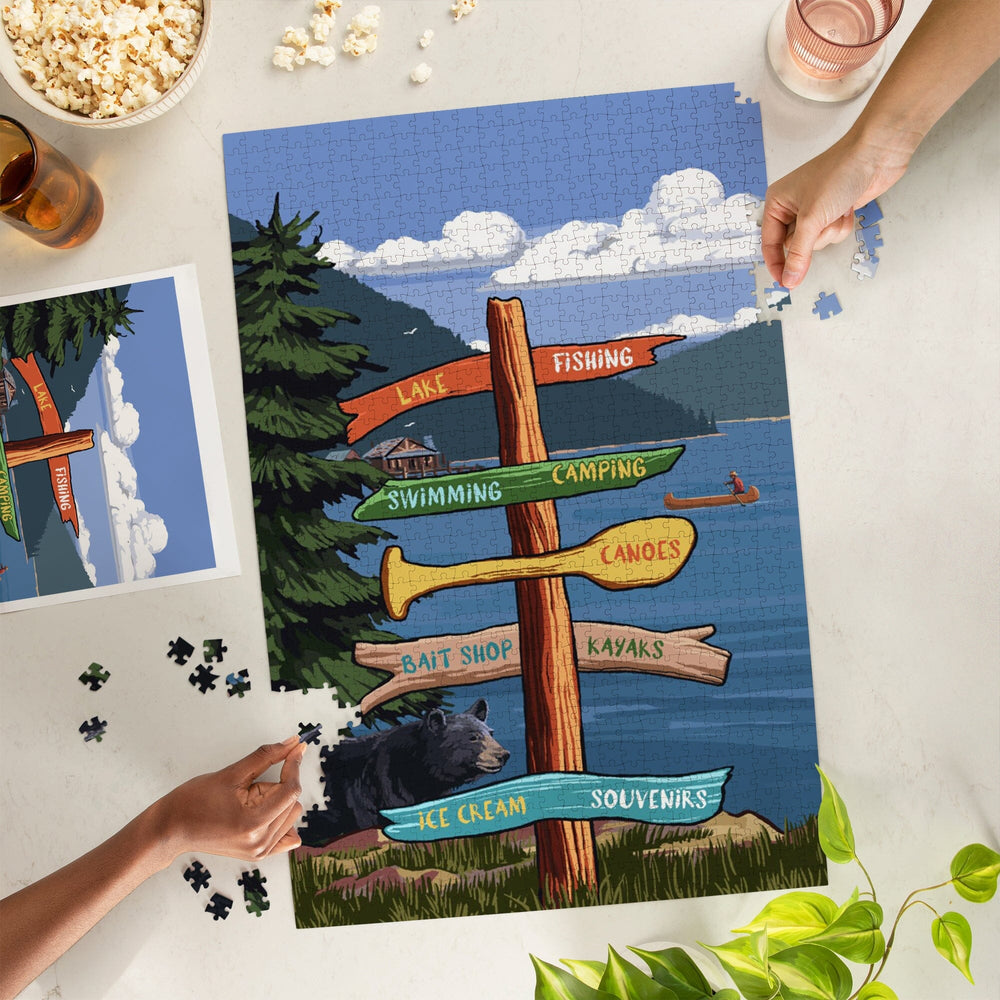 Signpost, Lake and Bear, Jigsaw Puzzle Puzzle Lantern Press 