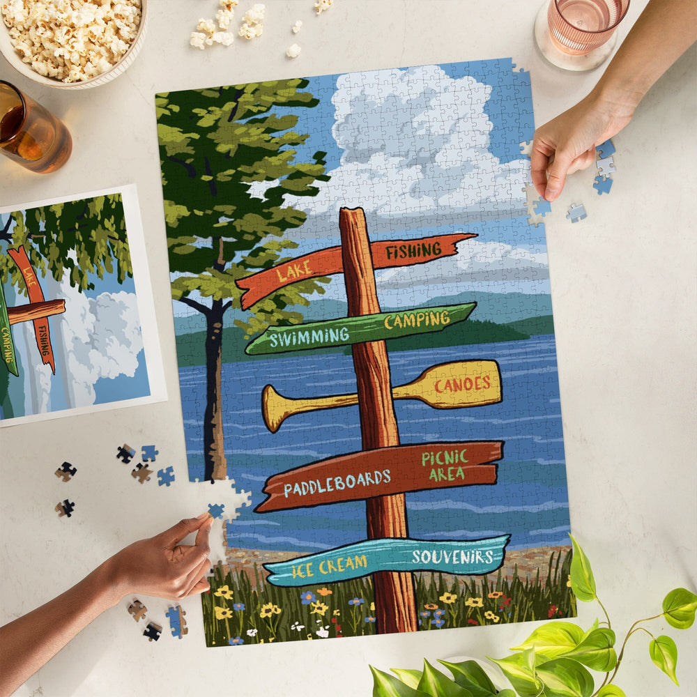 Signpost, Lake and Flowers, Jigsaw Puzzle Puzzle Lantern Press 