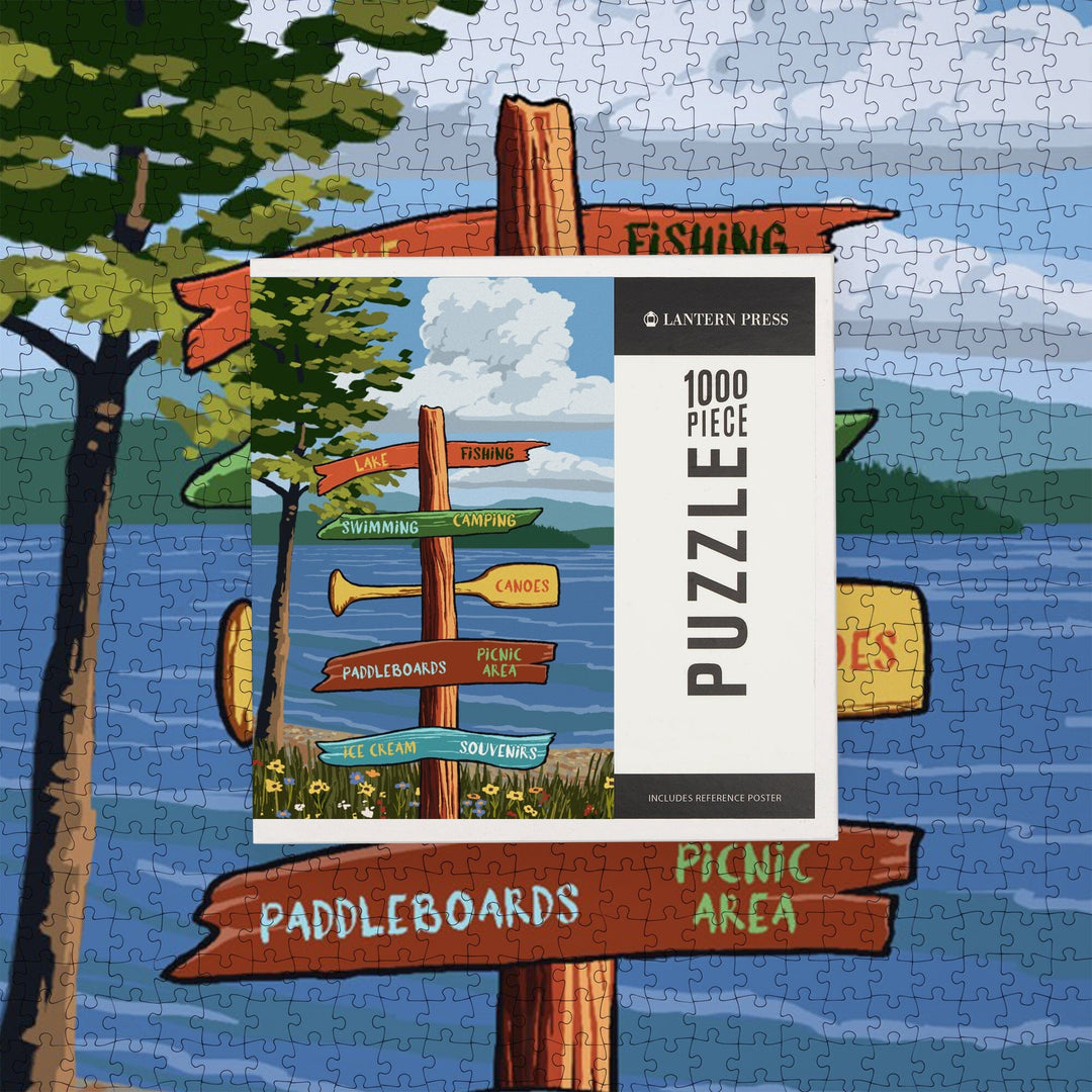 Signpost, Lake and Flowers, Jigsaw Puzzle Puzzle Lantern Press 