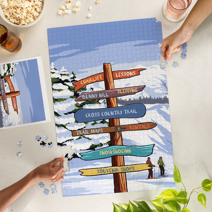 Signpost, Ski and Snow, Jigsaw Puzzle Puzzle Lantern Press 