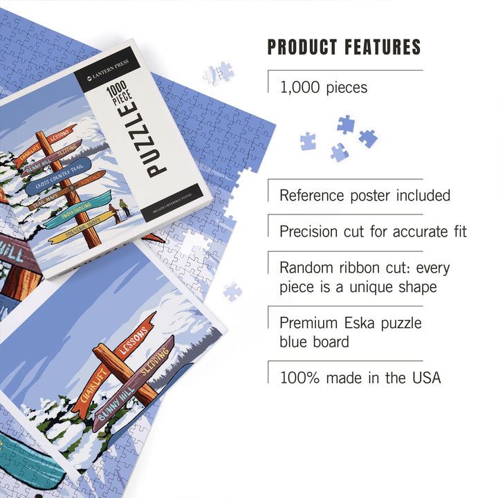 Signpost, Ski and Snow, Jigsaw Puzzle Puzzle Lantern Press 
