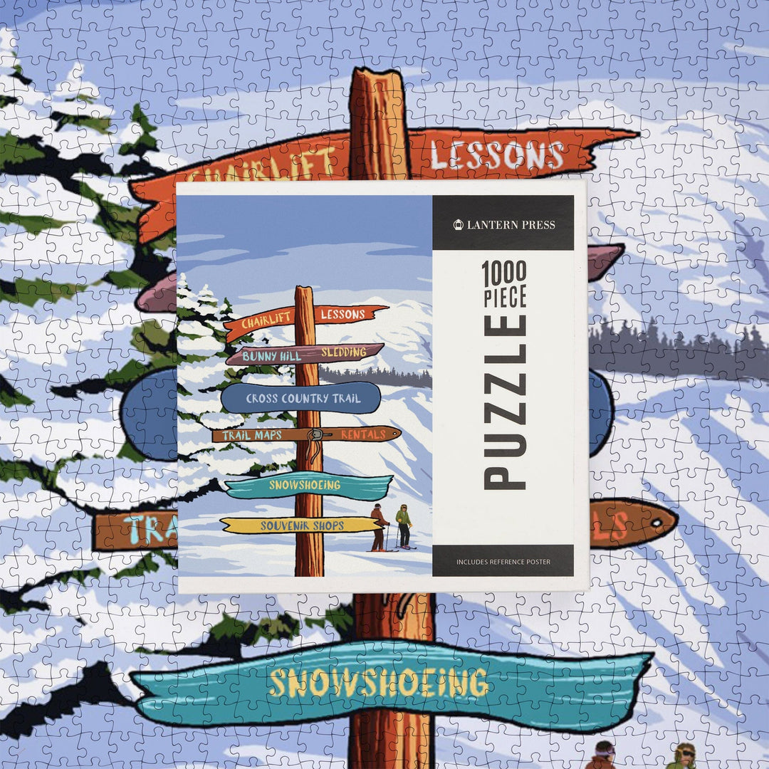 Signpost, Ski and Snow, Jigsaw Puzzle Puzzle Lantern Press 