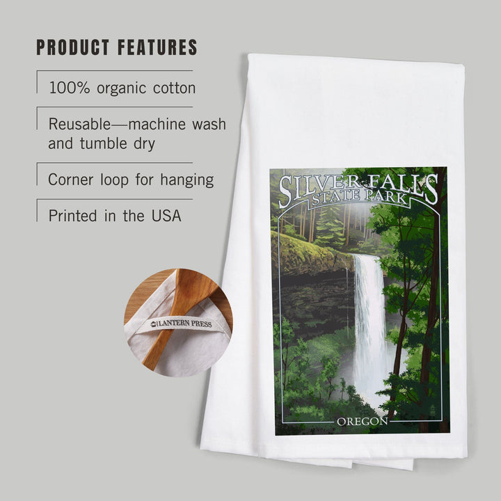 Silver Falls State Park, Oregon, South Falls, Organic Cotton Kitchen Tea Towels Kitchen Lantern Press 