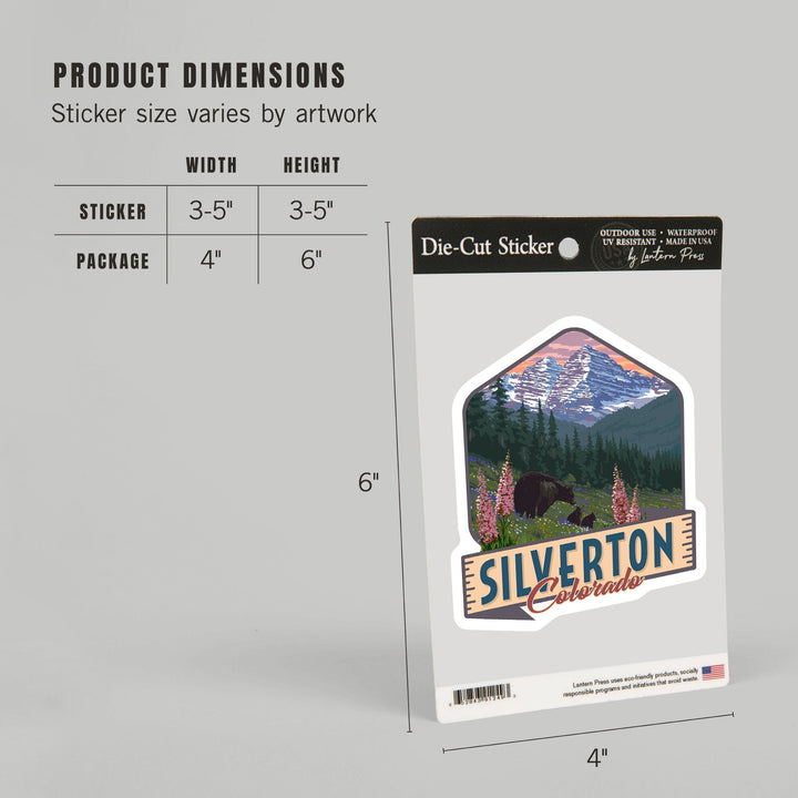 Silverton, Colorado, Bear & Spring Flowers, Contour, Lantern Press Artwork, Vinyl Sticker Sticker Lantern Press 