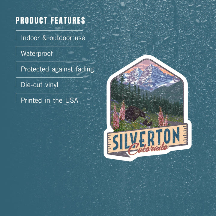 Silverton, Colorado, Bear & Spring Flowers, Contour, Lantern Press Artwork, Vinyl Sticker Sticker Lantern Press 