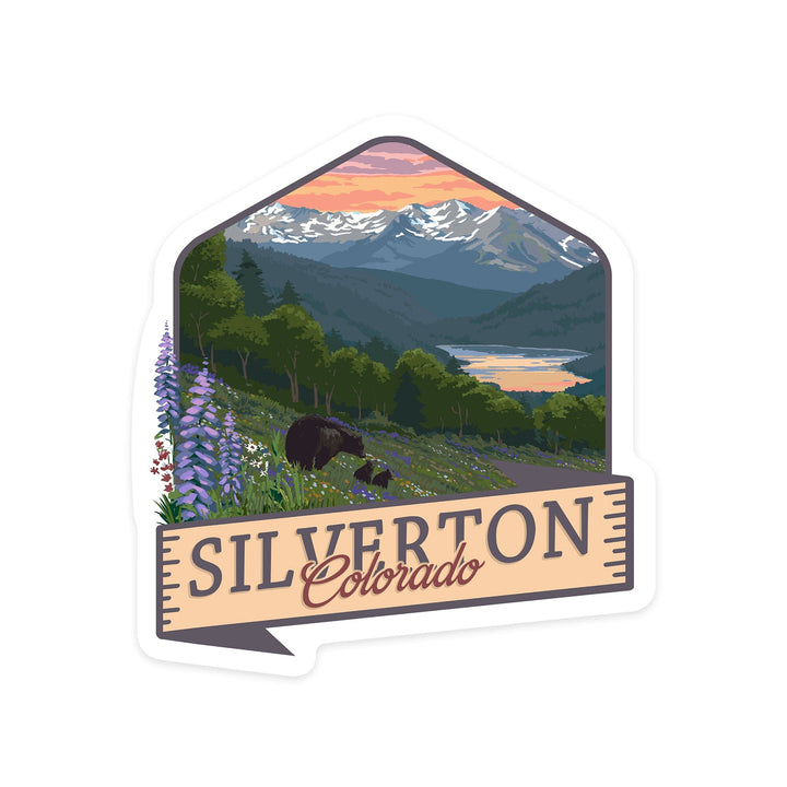 Silverton, Colorado, Bears & Spring Flowers, Contour, Lantern Press Artwork, Vinyl Sticker Sticker Lantern Press 