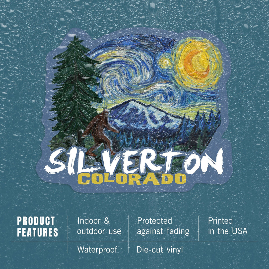 Silverton, Colorado, Bigfoot, Starry Night, Contour, Lantern Press Artwork, Vinyl Sticker Sticker Lantern Press 