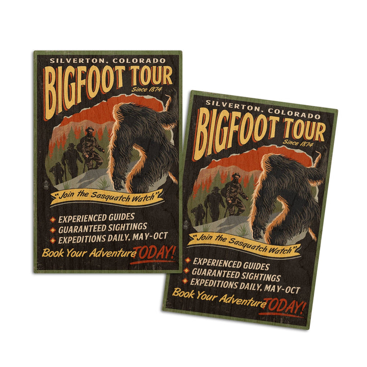 Silverton, Colorado, Bigfoot Tours, Vintage Sign, Lantern Press Artwork, Wood Signs and Postcards Wood Lantern Press 4x6 Wood Postcard Set 