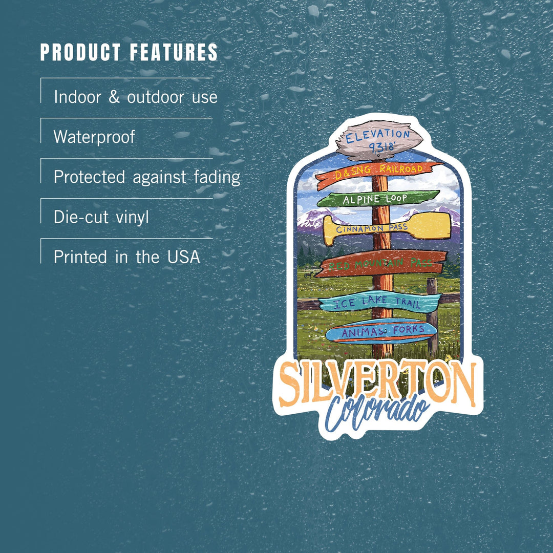 Silverton, Colorado, Destination Signpost, Contour, Lantern Press Artwork, Vinyl Sticker Sticker Lantern Press 