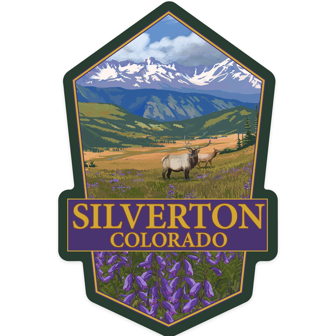 Silverton, Colorado, Elk and Flowers, Contour, Vinyl Sticker Sticker Lantern Press 