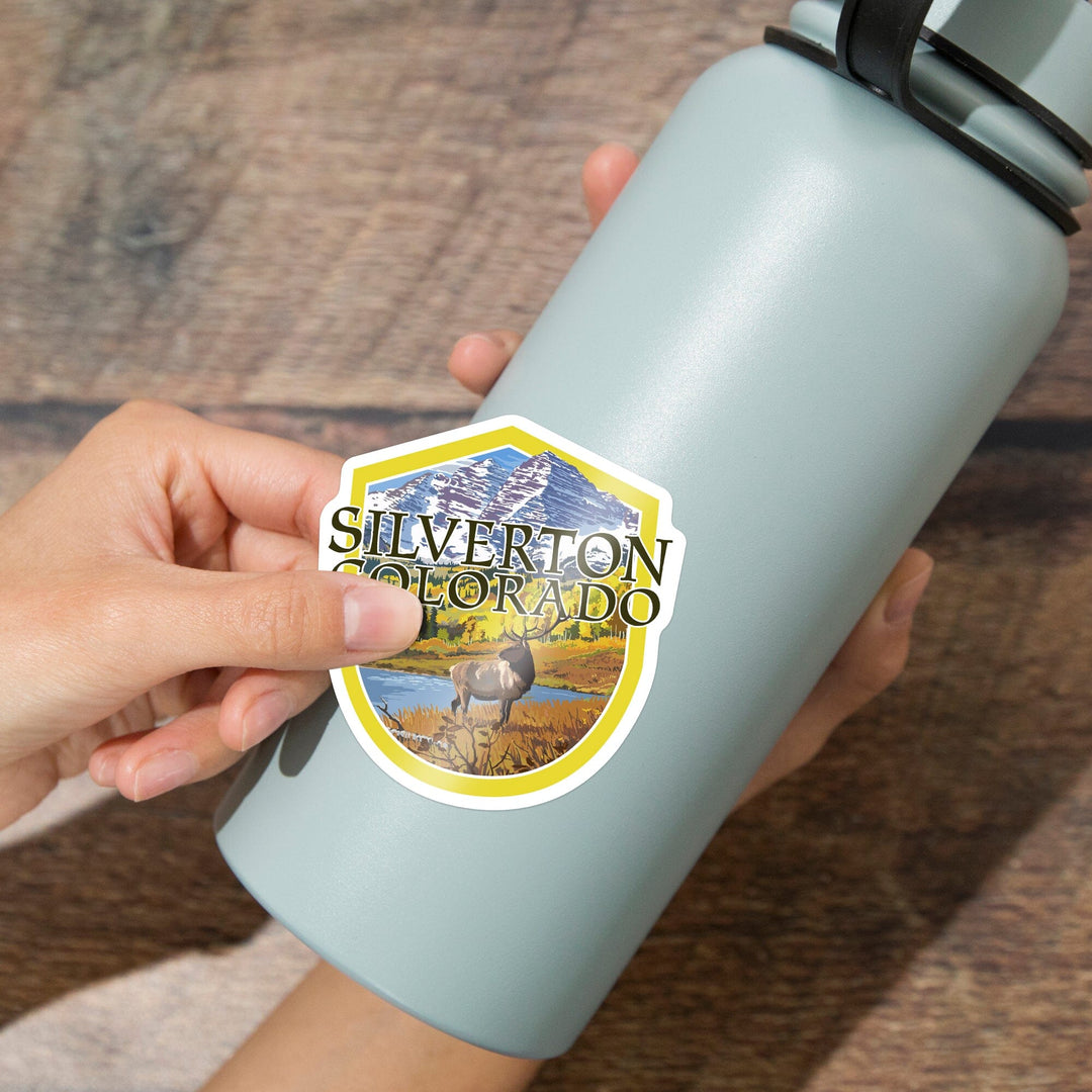 Silverton, Colorado, Elk and Lake, Contour, Vinyl Sticker Sticker Lantern Press 