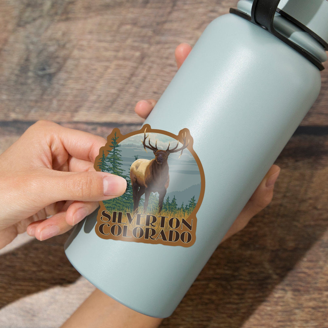 Silverton, Colorado, Elk Scene, Contour, Vinyl Sticker Sticker Lantern Press 