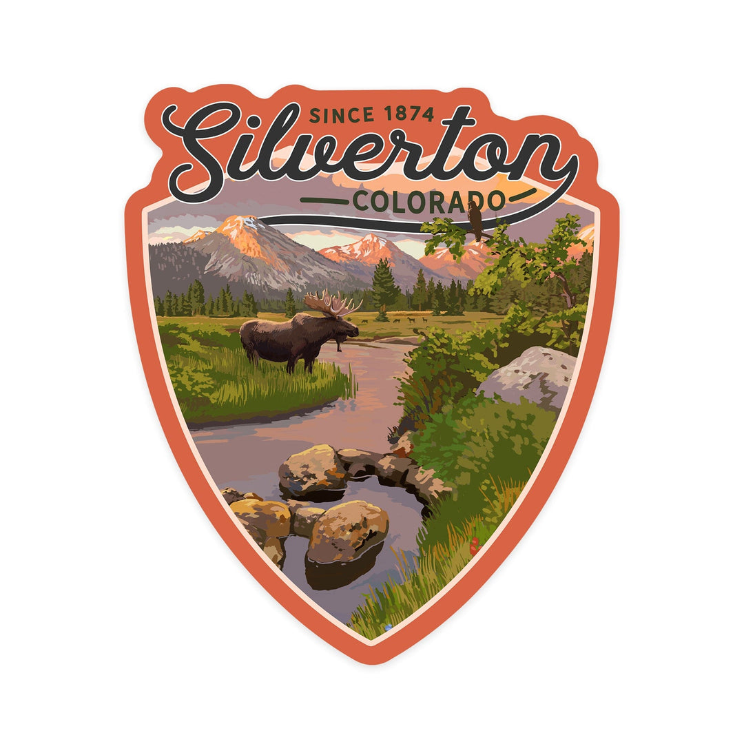 Silverton, Colorado, Moose and Mountain Stream at Sunset, Contour, Vinyl Sticker Sticker Lantern Press 