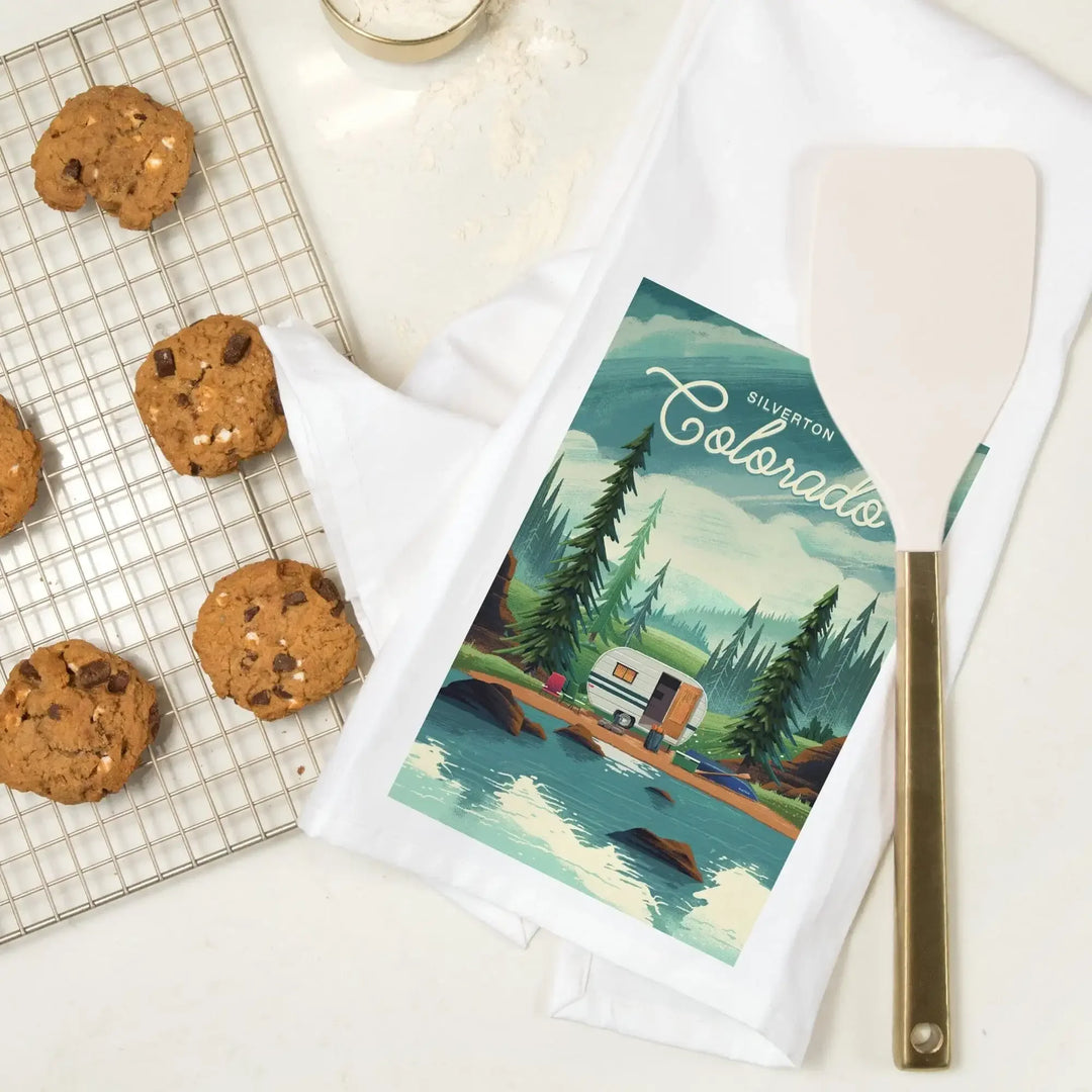 Silverton, Colorado, Outdoor Activity, At Home Anywhere, Camper in Evergreens, Organic Cotton Kitchen Tea Towels Kitchen Lantern Press 