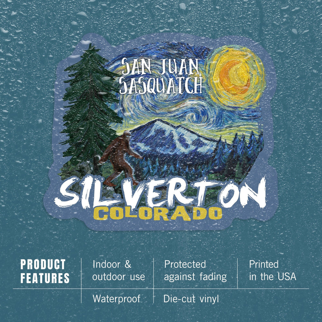 Silverton, Colorado, San Juan Sasquatch, Starry Night, Contour, Vinyl Sticker Sticker Lantern Press 