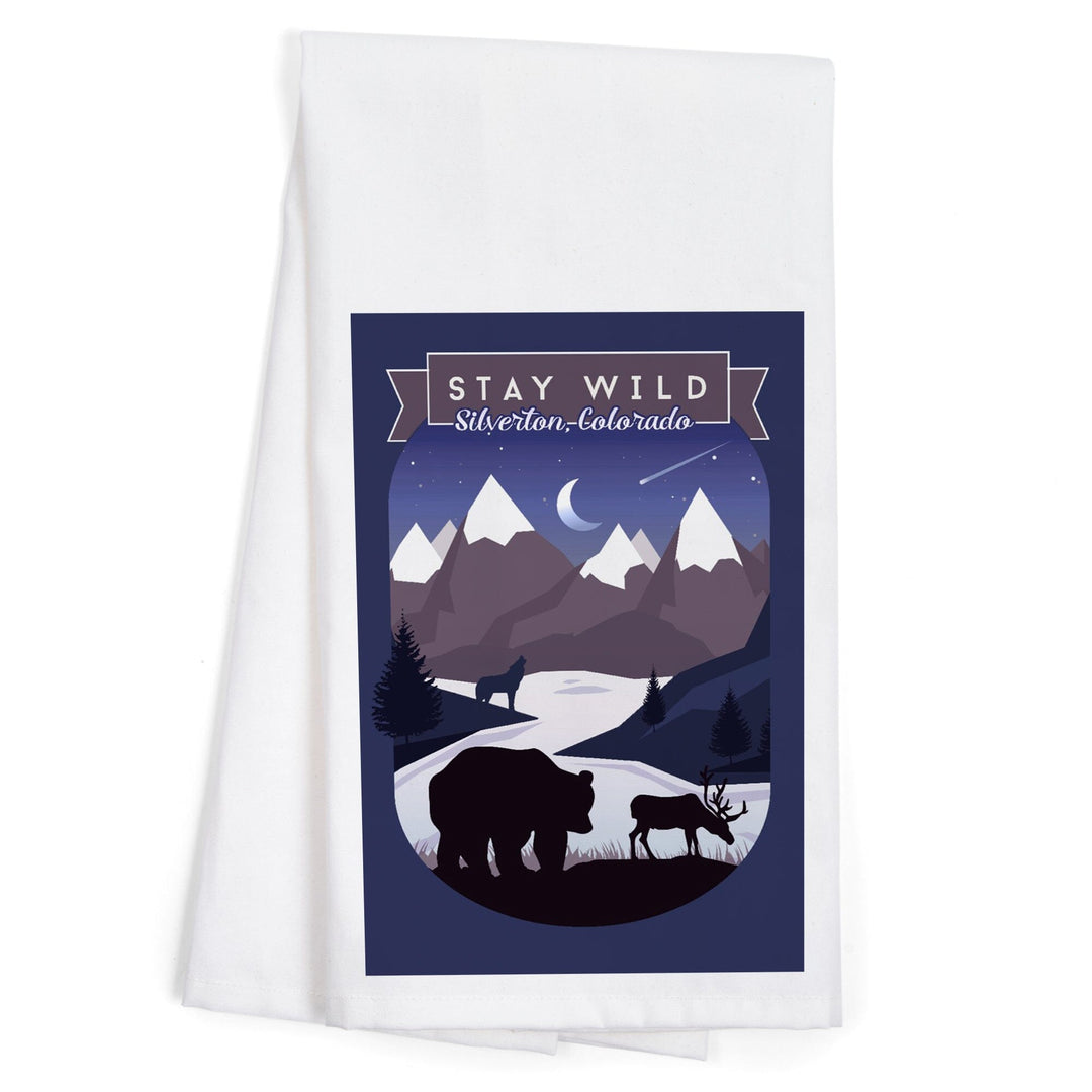 Silverton, Colorado, Stay Wild, Bear and Mountain Silhouette, Contour, Organic Cotton Kitchen Tea Towels Kitchen Lantern Press 