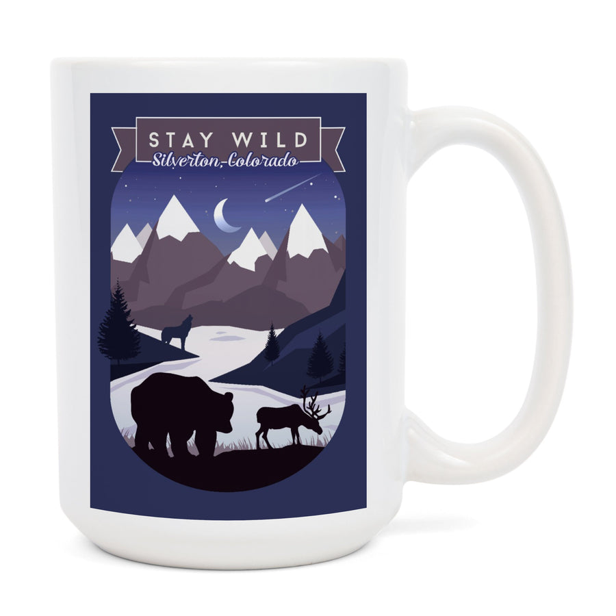 Silverton, Colorado, Stay Wild, Bear & Mountain Silhouette, Contour, Lantern Press Artwork, Ceramic Mug Mugs Lantern Press 