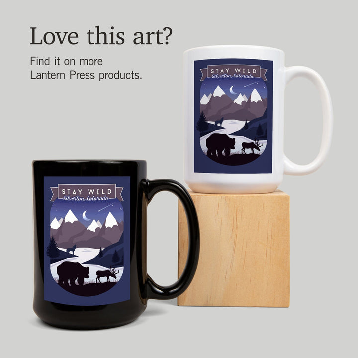 Silverton, Colorado, Stay Wild, Bear & Mountain Silhouette, Contour, Lantern Press Artwork, Ceramic Mug Mugs Lantern Press 