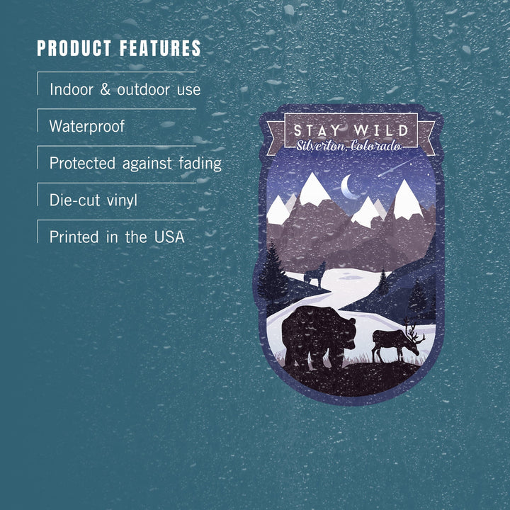 Silverton, Colorado, Stay Wild, Bear & Mountain Silhouette, Contour, Lantern Press Artwork, Vinyl Sticker Sticker Lantern Press 