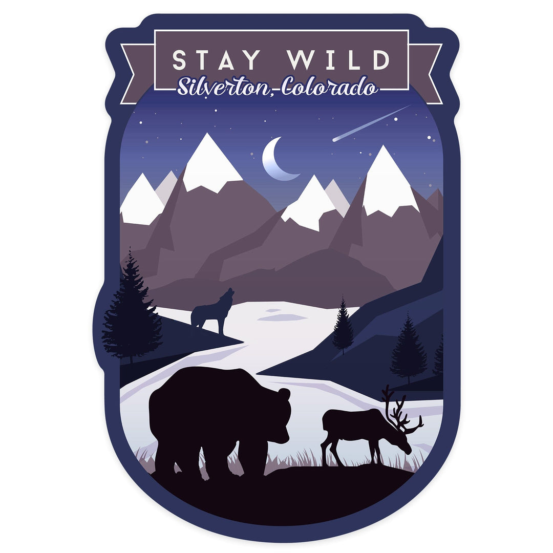 Silverton, Colorado, Stay Wild, Bear & Mountain Silhouette, Contour, Lantern Press Artwork, Vinyl Sticker Sticker Lantern Press 