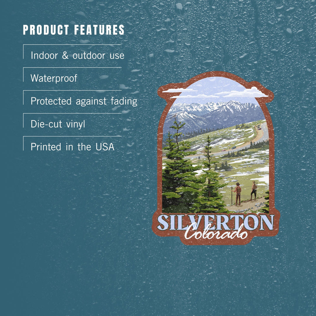 Silverton, Colorado, Trail Ridge Road and Hikers, Contour, Vinyl Sticker Sticker Lantern Press 