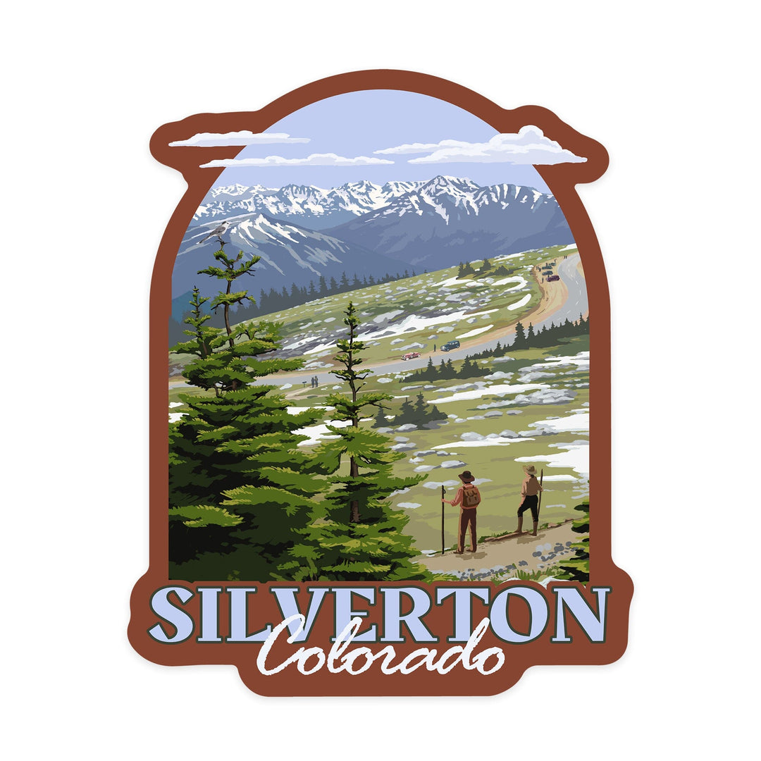 Silverton, Colorado, Trail Ridge Road and Hikers, Contour, Vinyl Sticker Sticker Lantern Press 