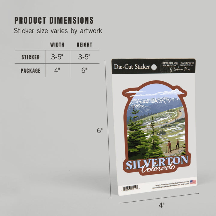 Silverton, Colorado, Trail Ridge Road and Hikers, Contour, Vinyl Sticker Sticker Lantern Press 