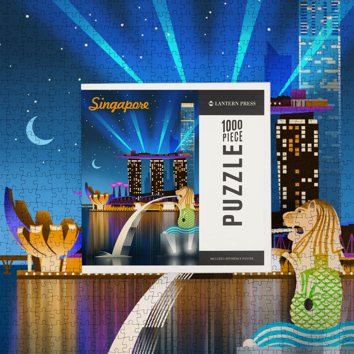Singapore, Retro Skyline, Jigsaw Puzzle Puzzle Lantern Press 
