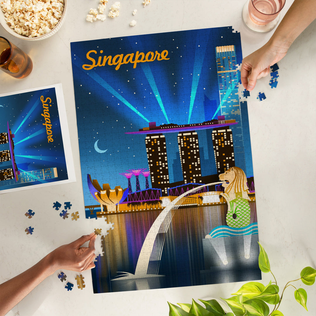 Singapore, Retro Skyline, Jigsaw Puzzle Puzzle Lantern Press 